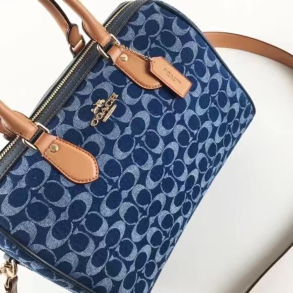 Coach Blue Signature Dome Satchel with Tan Leather Trim - Picture 5 of 11